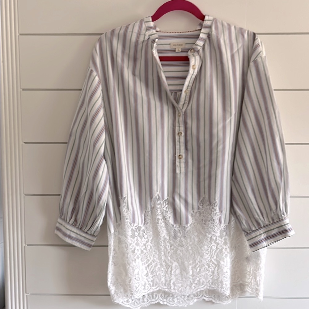 Anthropologie Pilcro Striped Cotton Blouse with Lace Hem - Picture 2 of 8